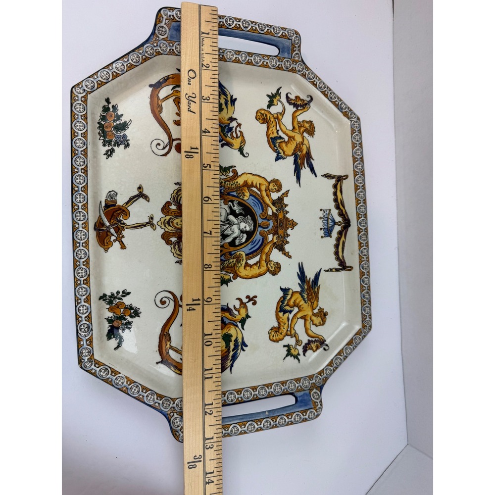 Antique Gien French Faience Renaissance Tray 1870s Handled Platter - As Is - Picture 7 of 11